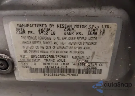 2003 Nissan Sentra Gxe из США, поврежденный, VIN 3N1CB51D93L797803